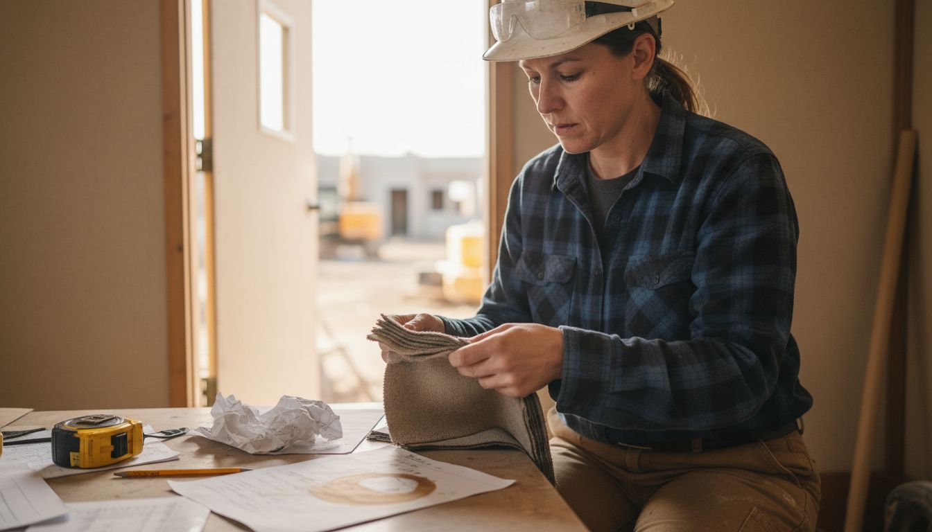 Site manager inspects fabric swatches for durability