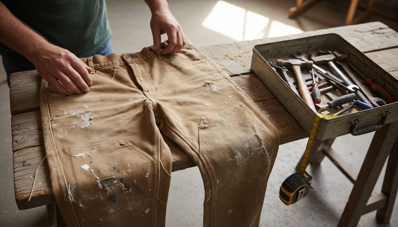 Close up of rugged canvas workwear details