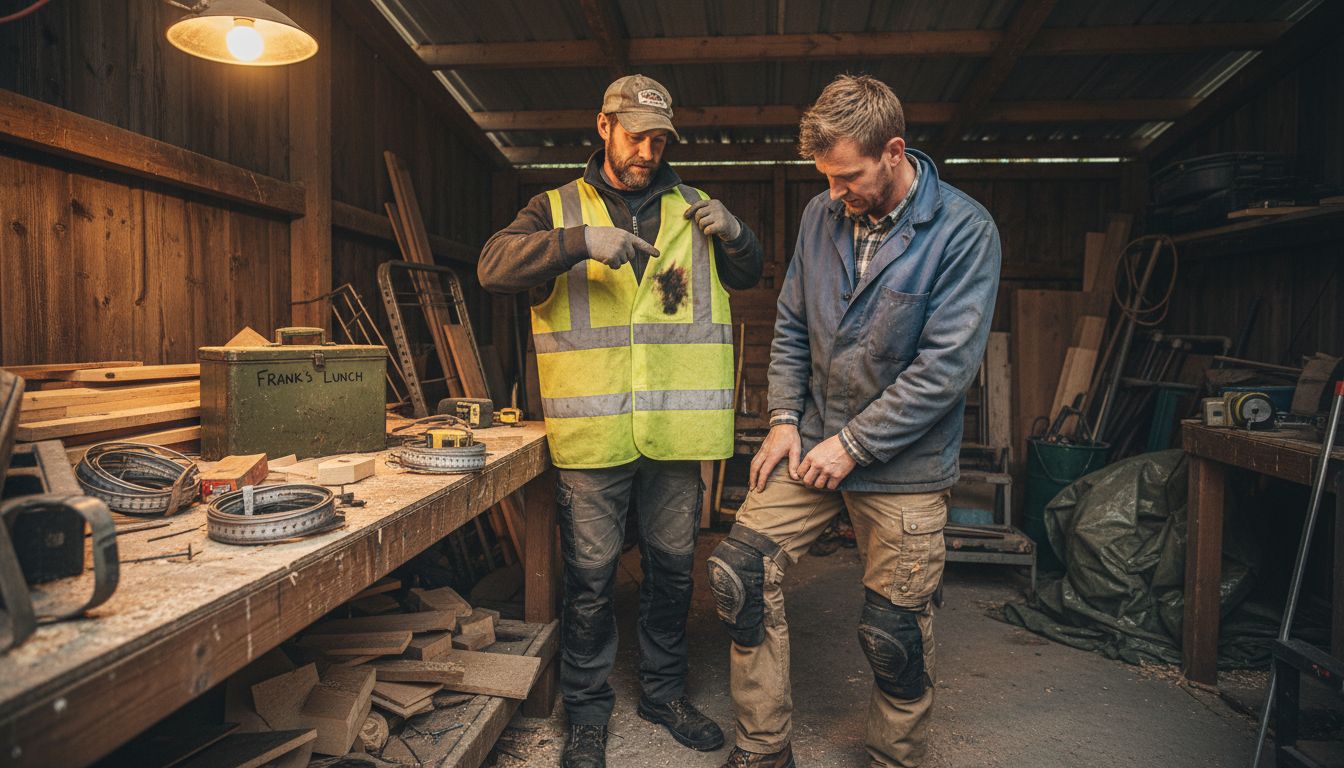 Builders comparing types of workwear