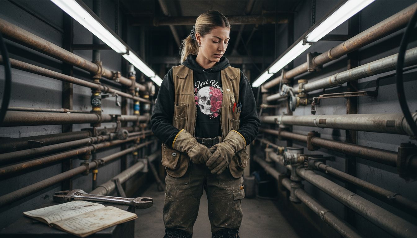 Tradeswoman adjusts gloves in maintenance room
