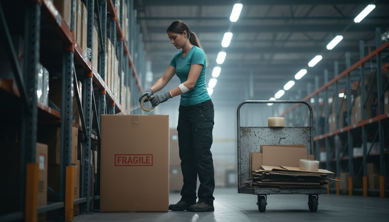 Warehouse worker taping box in wicking shirt