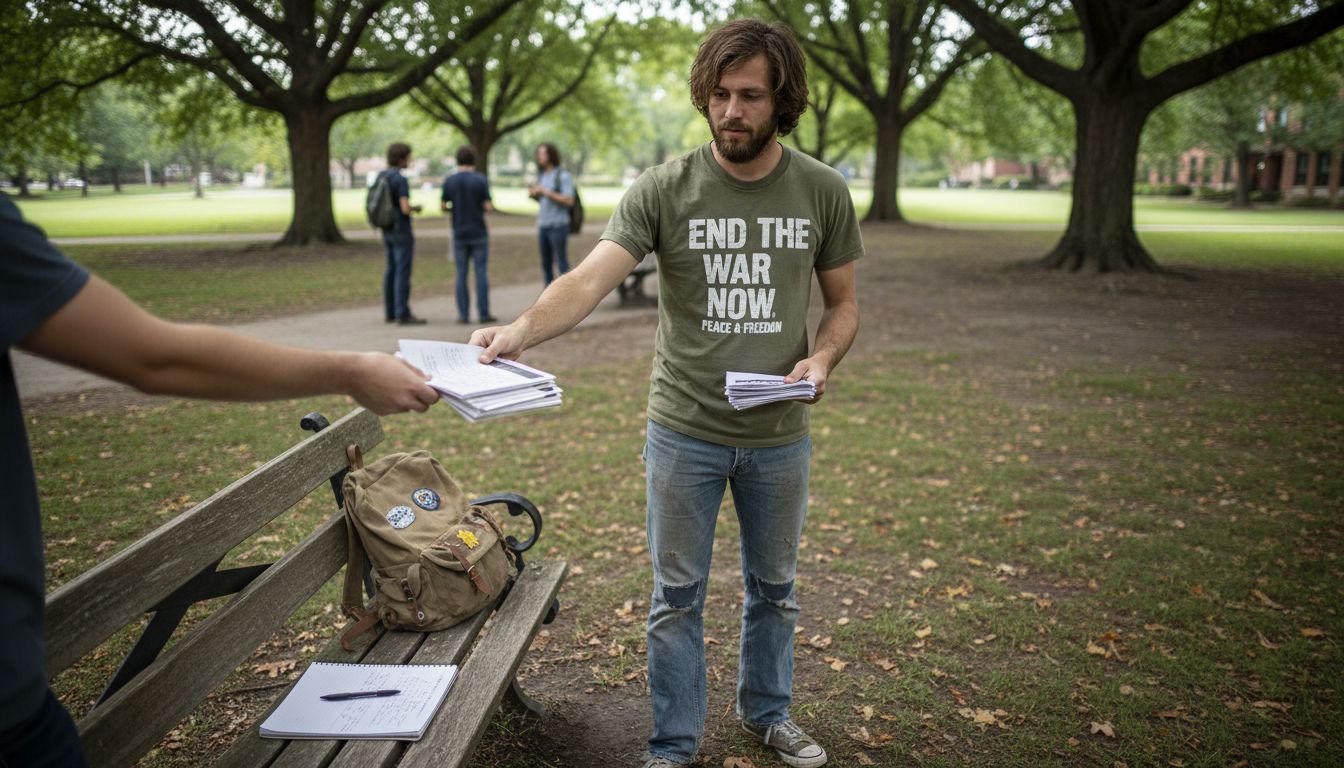 1970s student wearing protest graphic tee