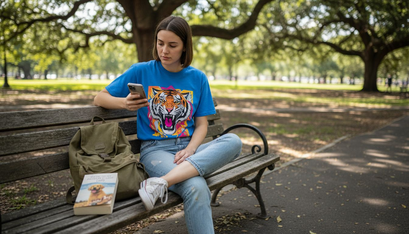 Woman in statement tee relaxing on park bench