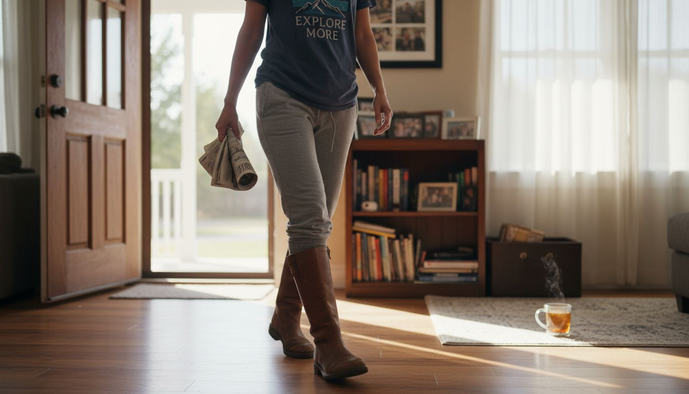 Woman breaking in boots at home