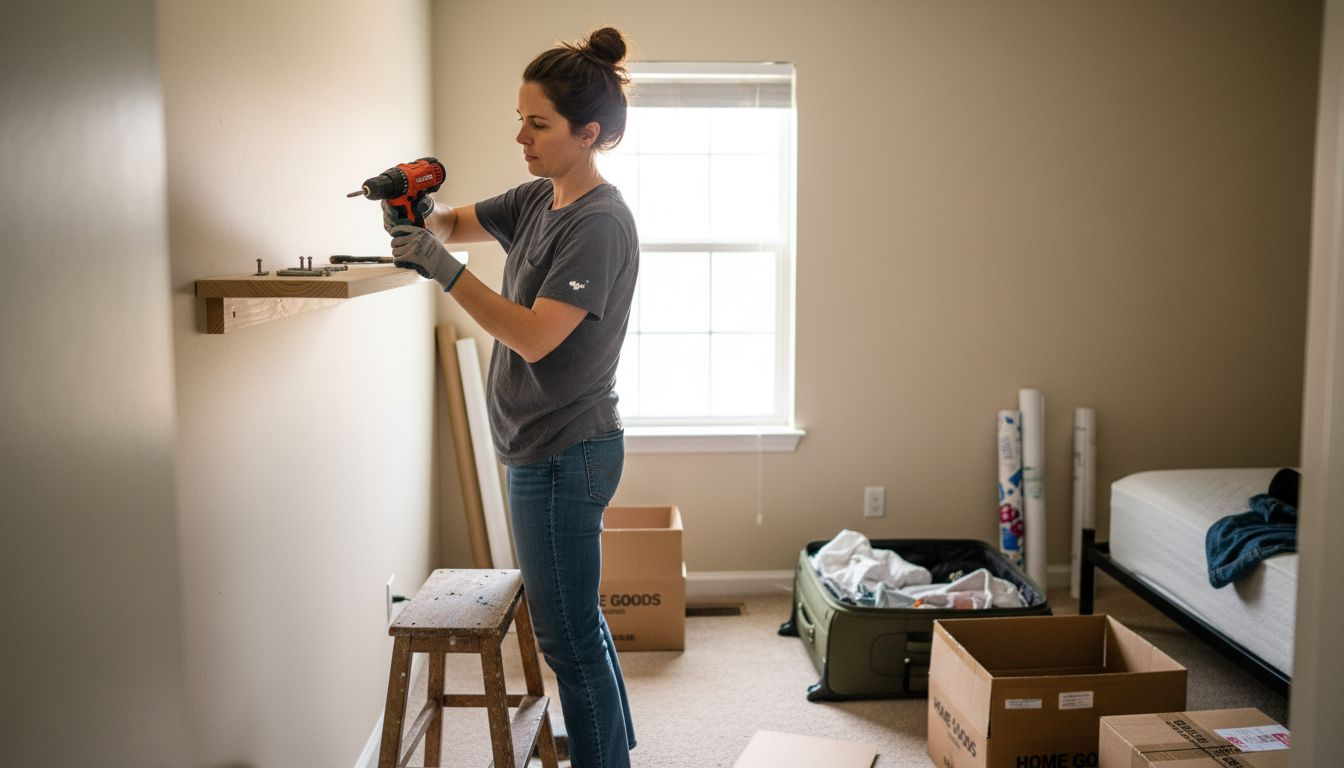 Woman installing removable shelf in rental bedroom