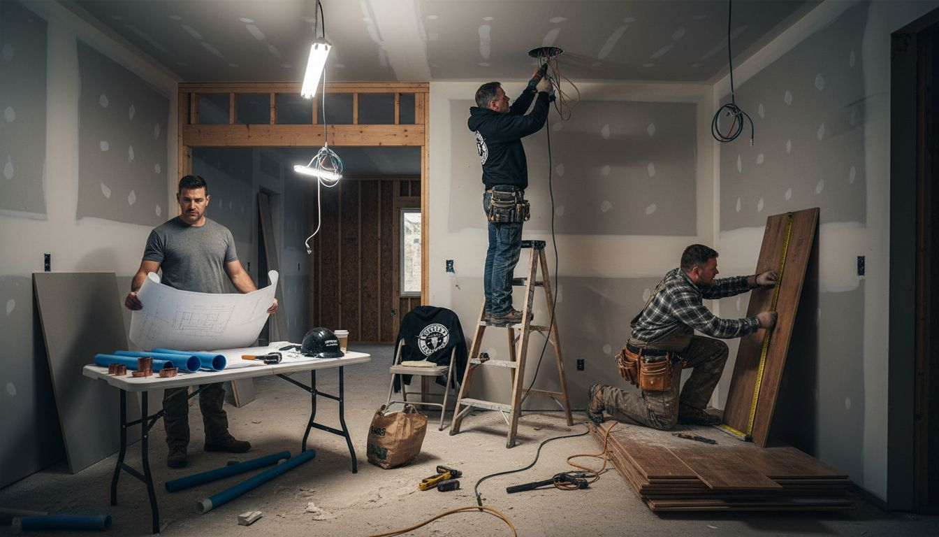 Electrician, carpenter, and plumber at work