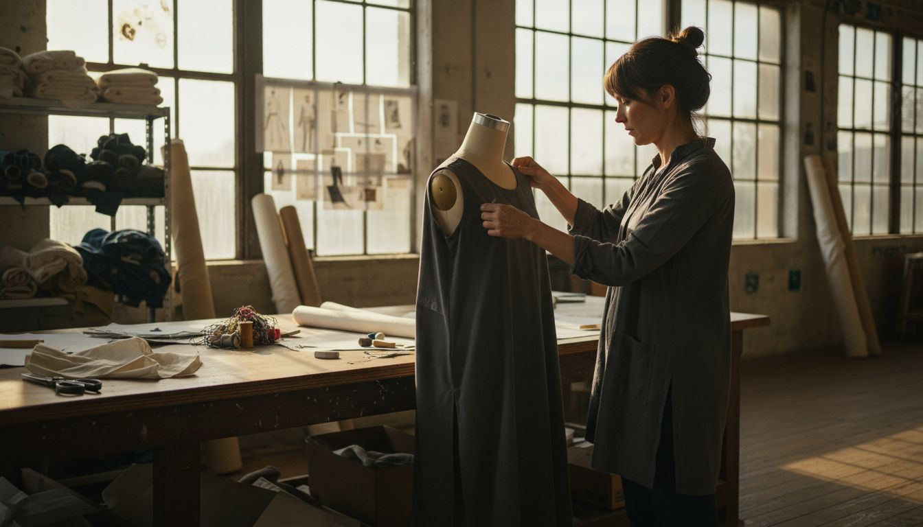 Designer adjusting mannequin with neutral tunic