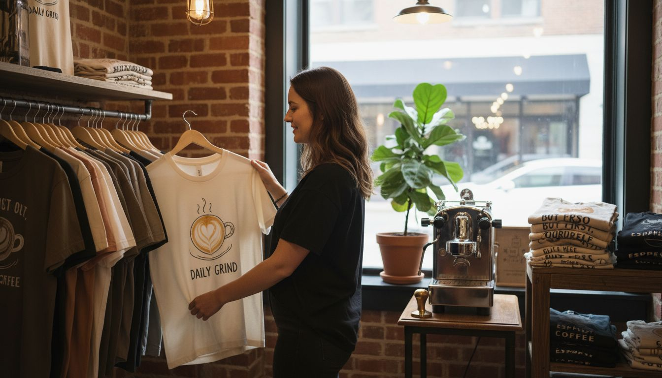 Woman browsing coffee-themed apparel in boutique