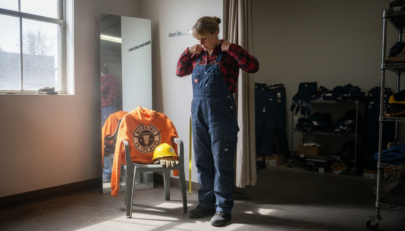 Woman tests fit of work overalls