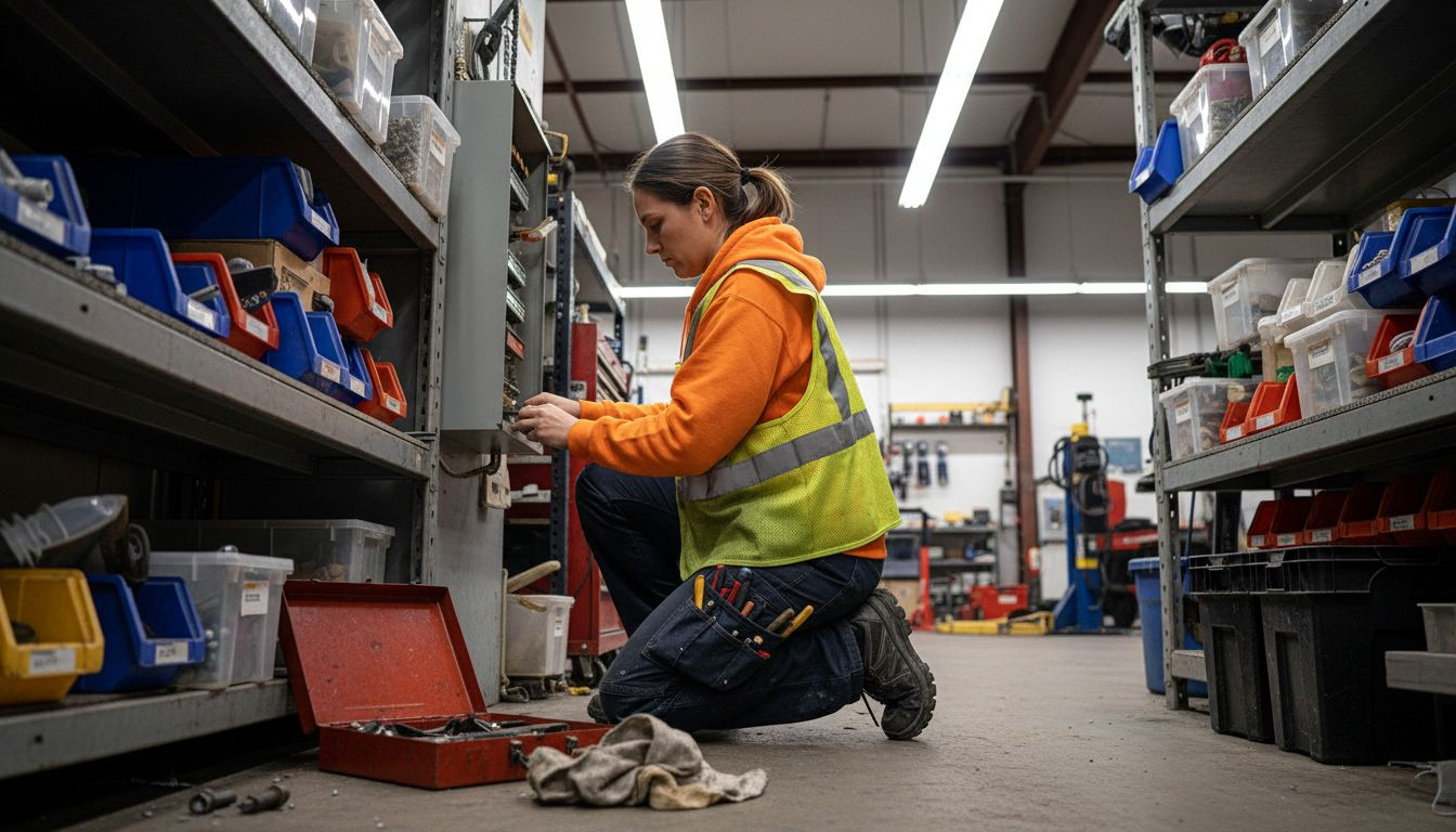 Electrician adjusting fuse in messy auto shop