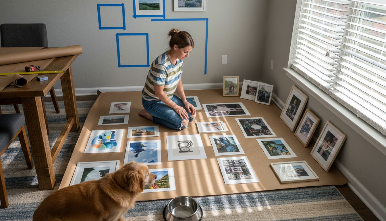 Planning gallery wall layout on floor