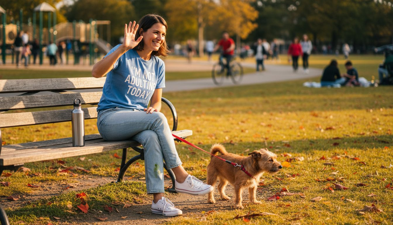 Woman waving in park with statement shirt