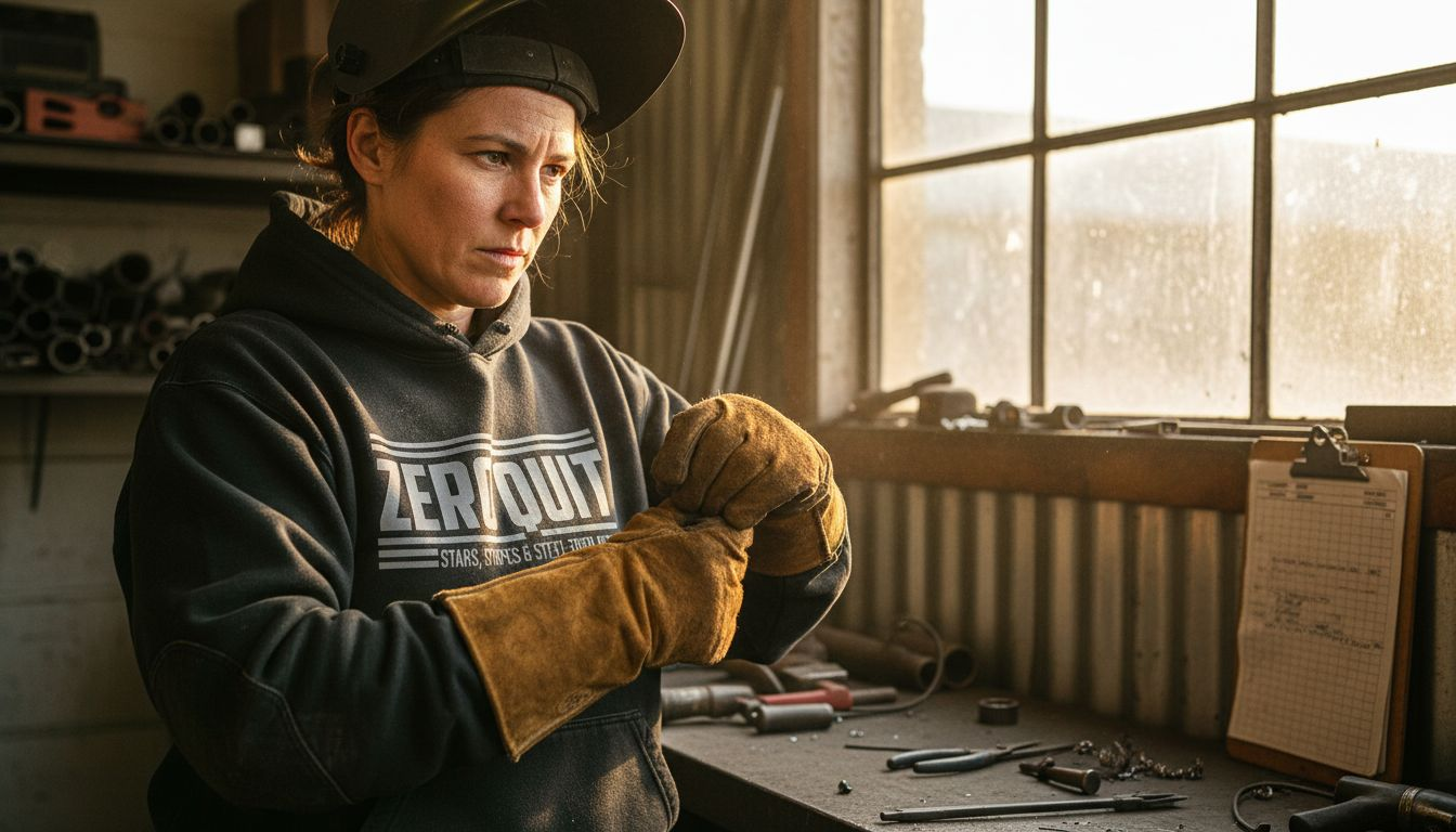 Welder inspecting flame-resistant hoodie