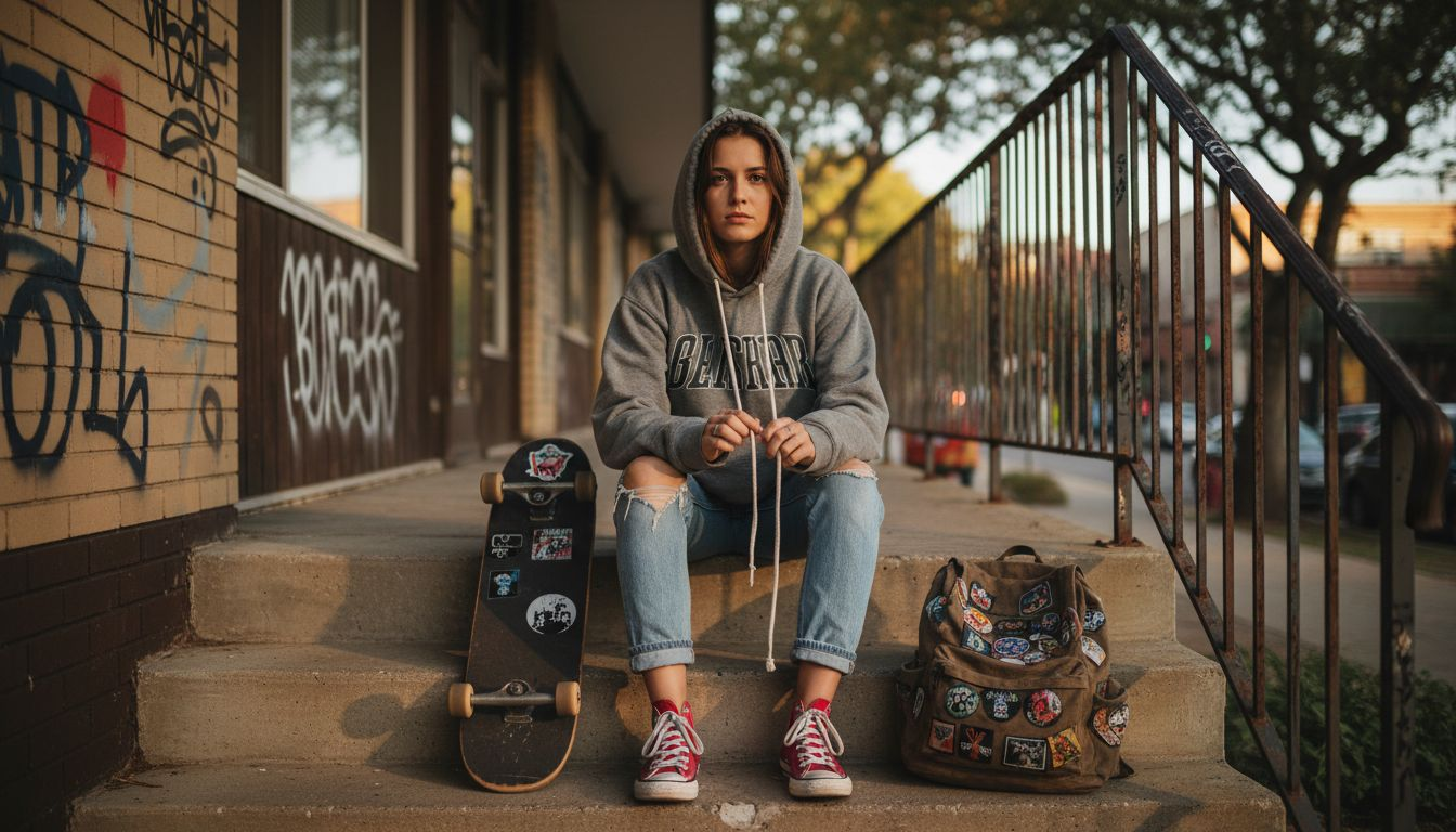 Young woman in cracked-logo hoodie on steps