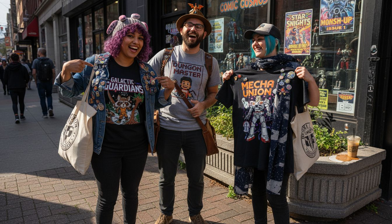 Friends wearing unique fan-made apparel