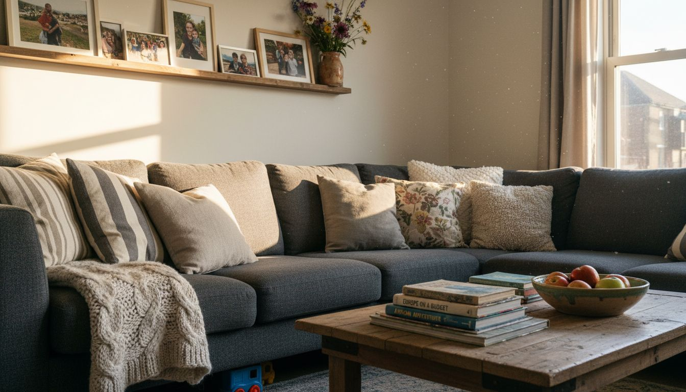 Personalized decor living room with soft sunlight