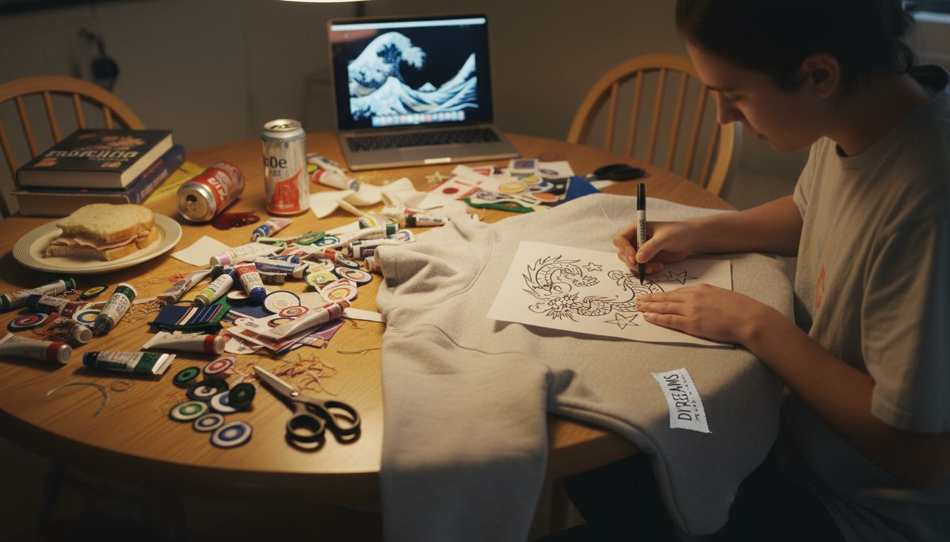 Person customizing hoodie amid craft supplies