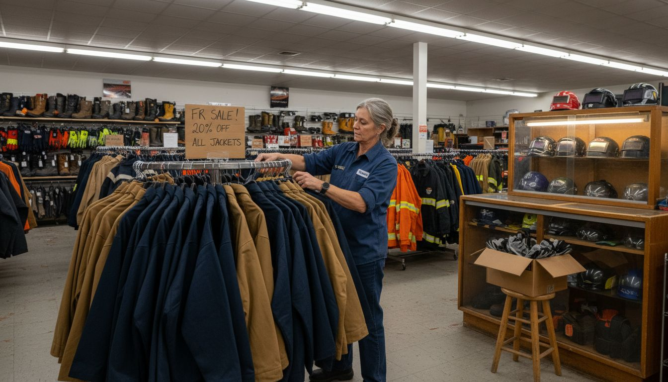 Workwear store organizing FR jacket display