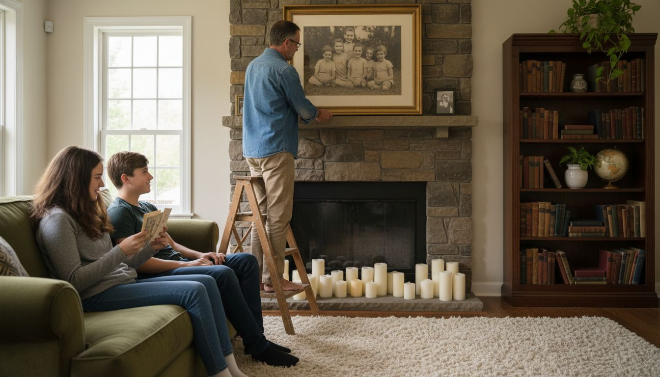 Family decorating living room with old photos