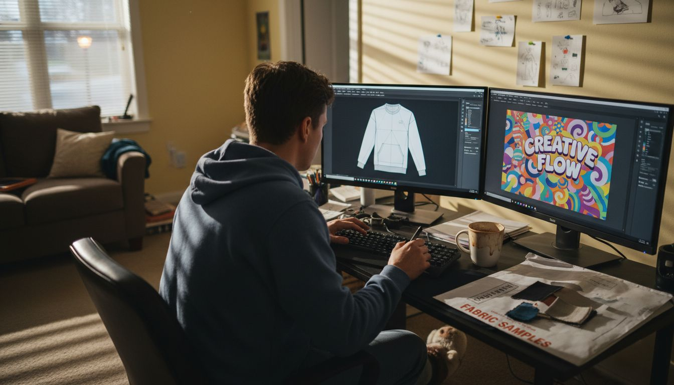 Artist editing sweatshirt graphic on computer