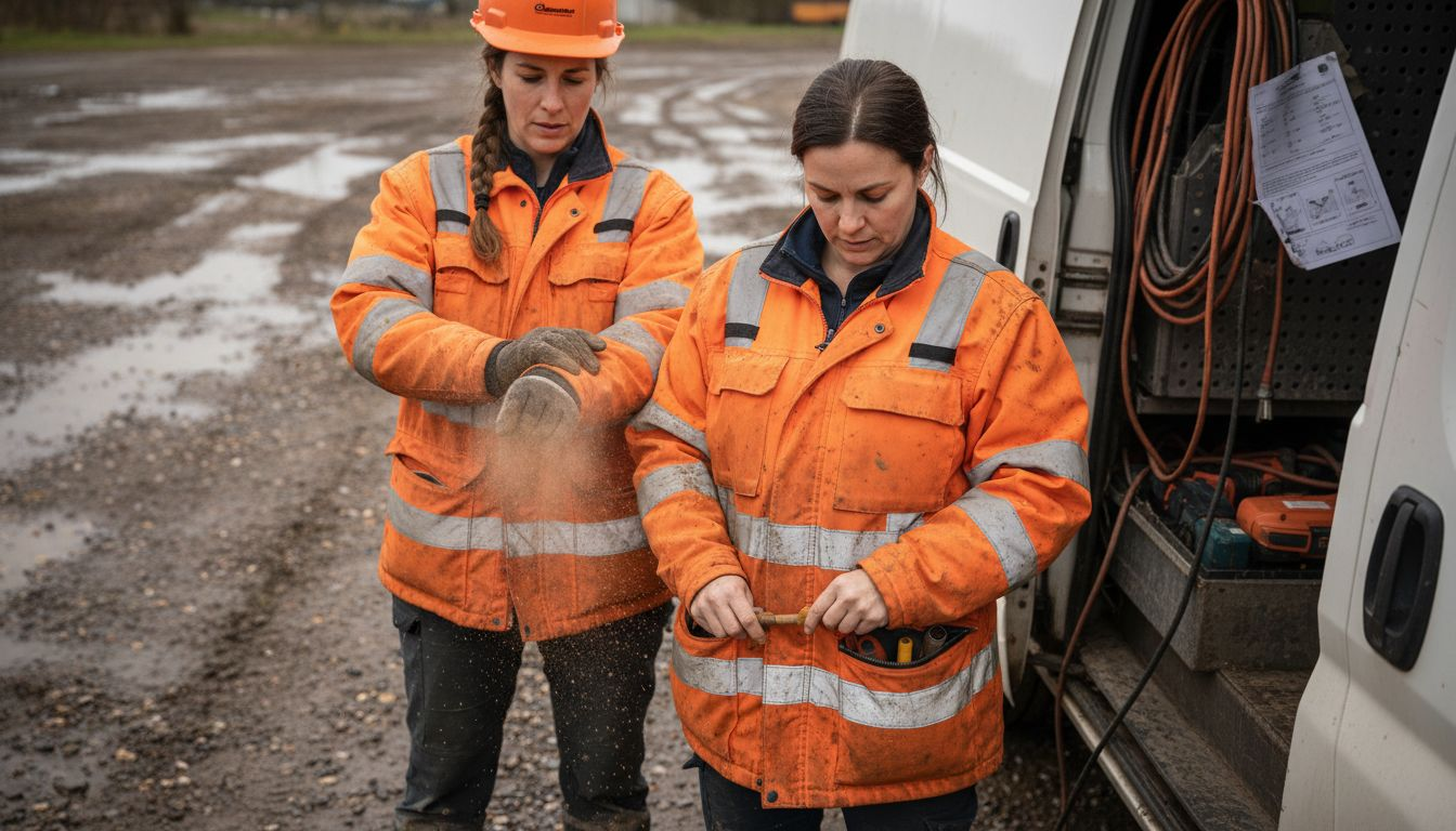 Women using work jacket utility pockets