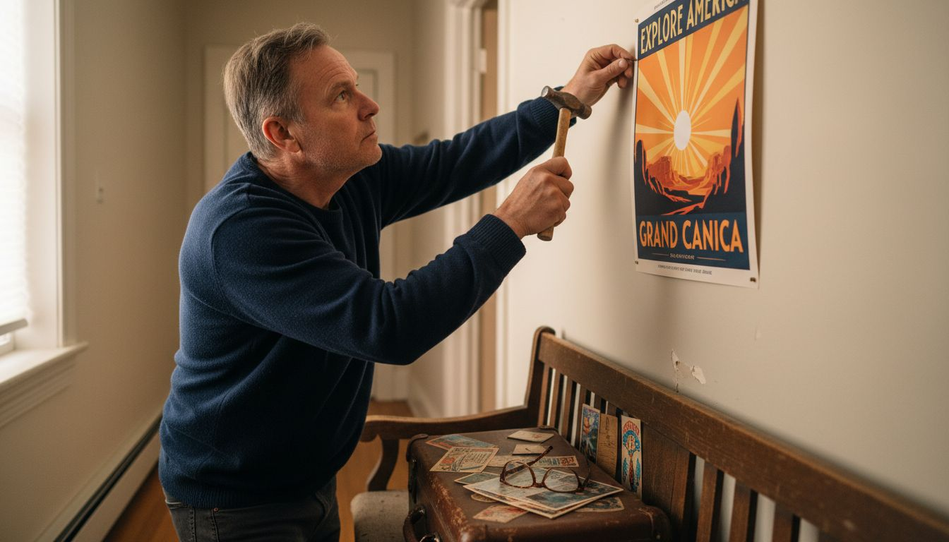 Man hanging memory item in hallway