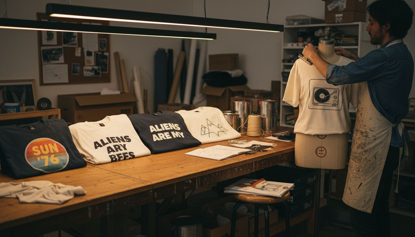 Variety of statement tee designs on workbench