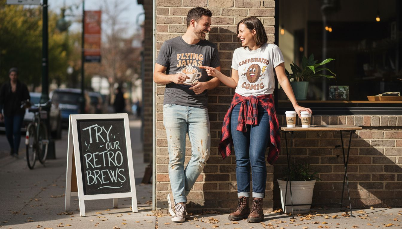 Friends laughing in retro coffee-themed shirts