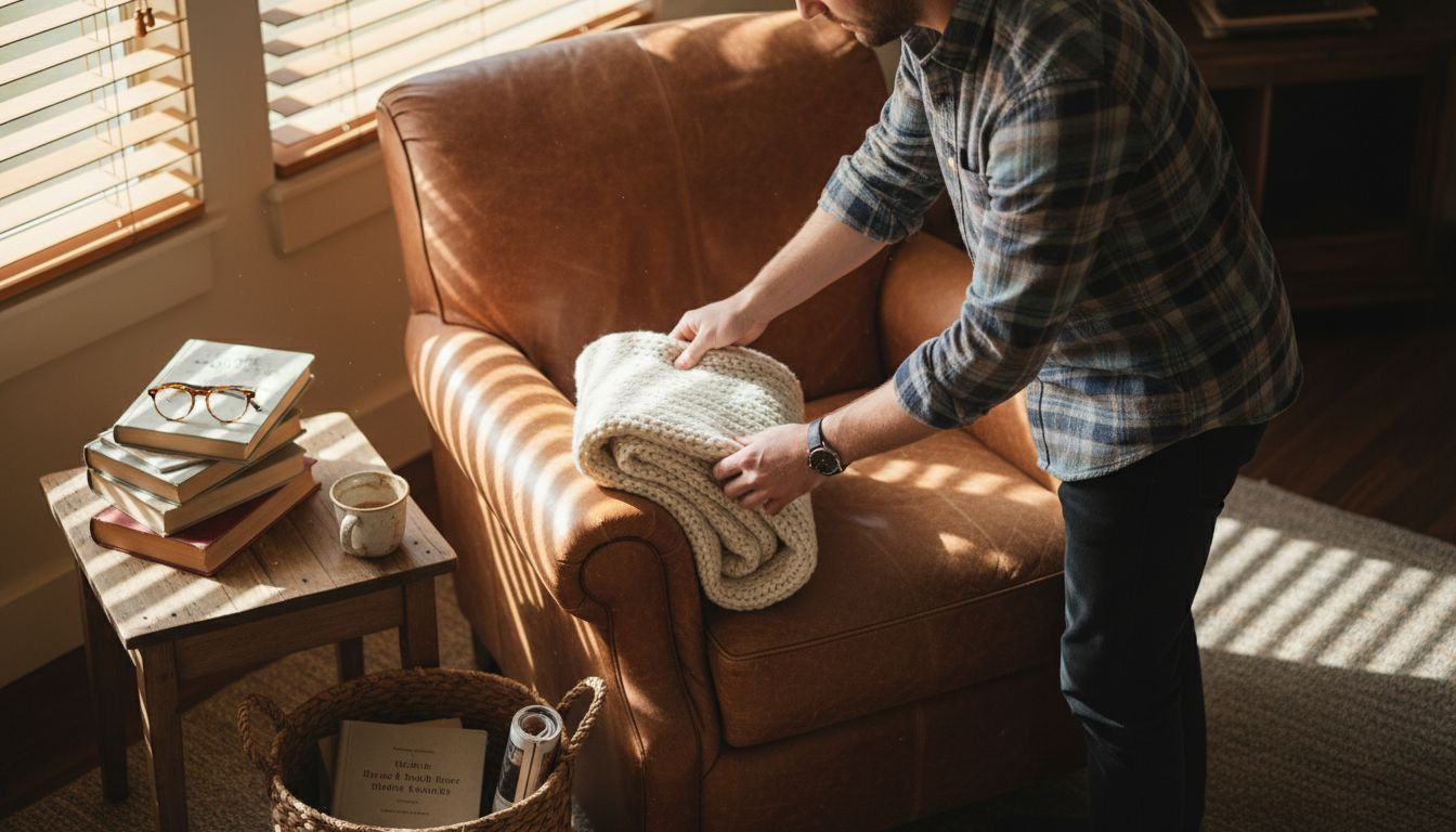 Man adjusting folded throw blanket display