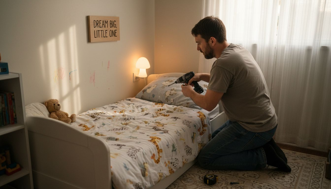 Father installing safe nursery wall plaque