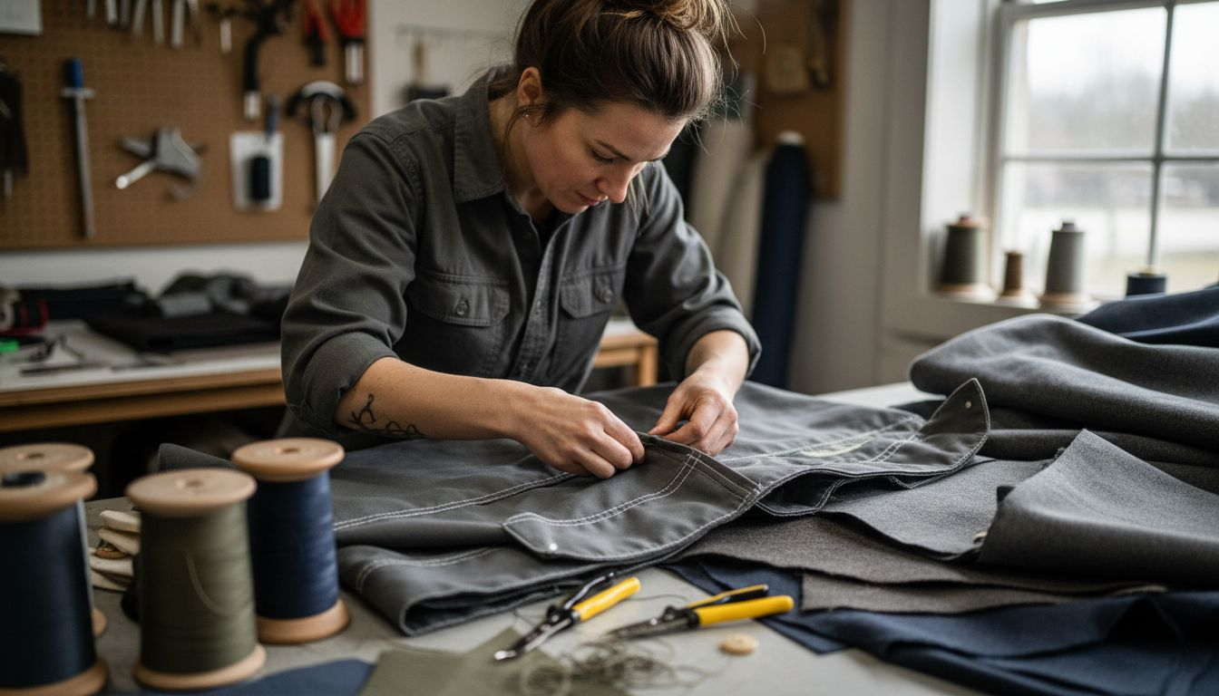 Tradeswoman inspects workwear seam at cluttered bench