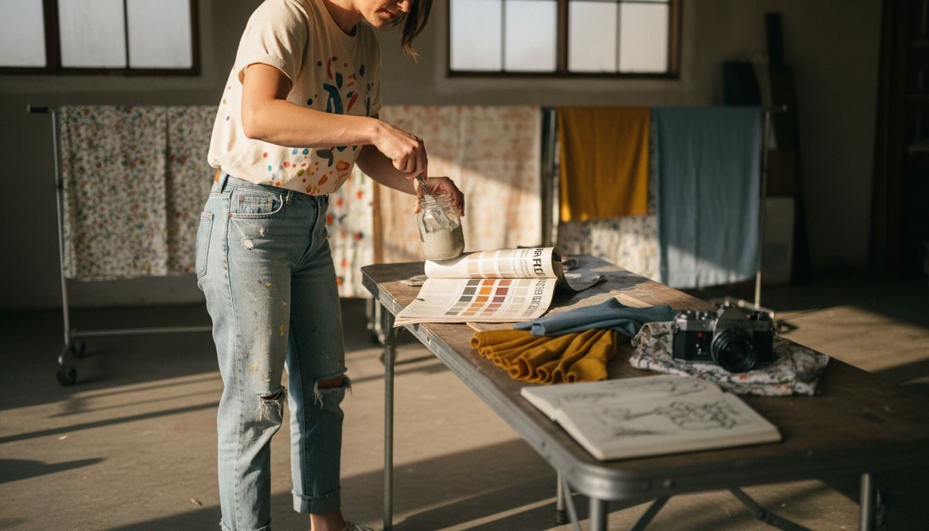 Artist working on vintage shirt designs in garage