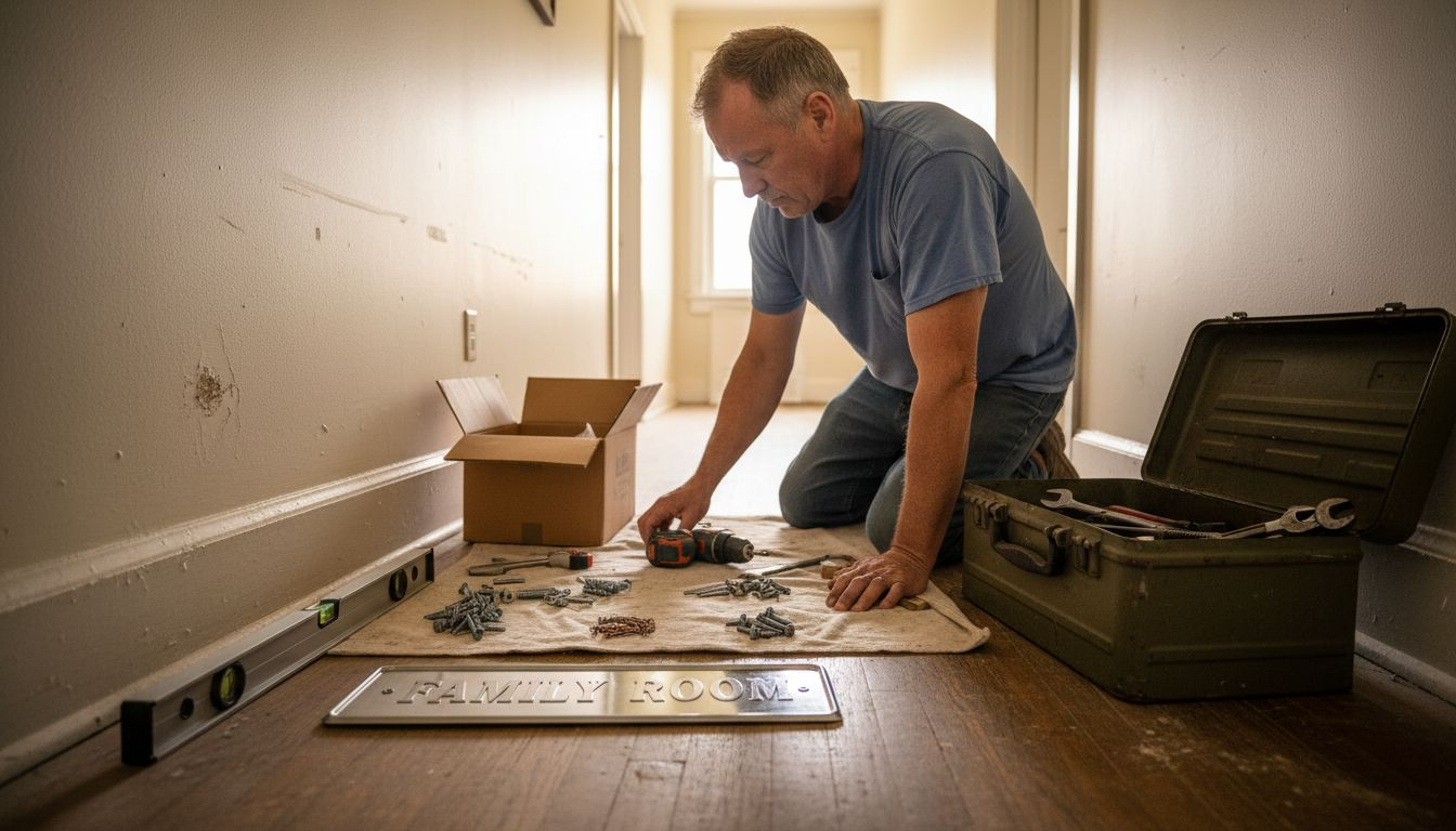 Man preparing mounting tools for metal sign