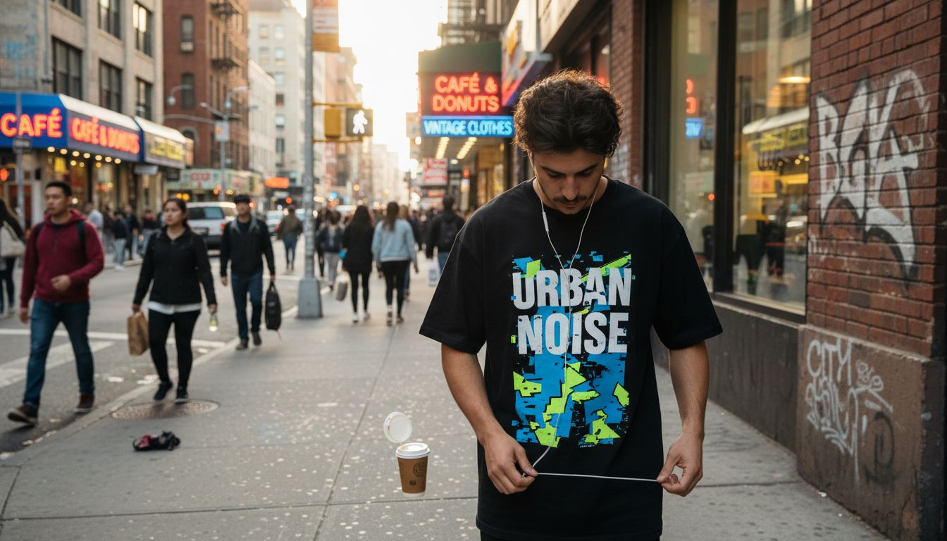 Man wearing graphic streetwear tee on city street