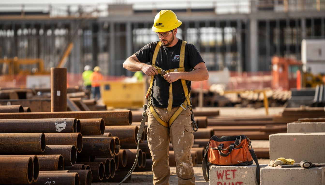 Worker adjusting safety gear on active jobsite