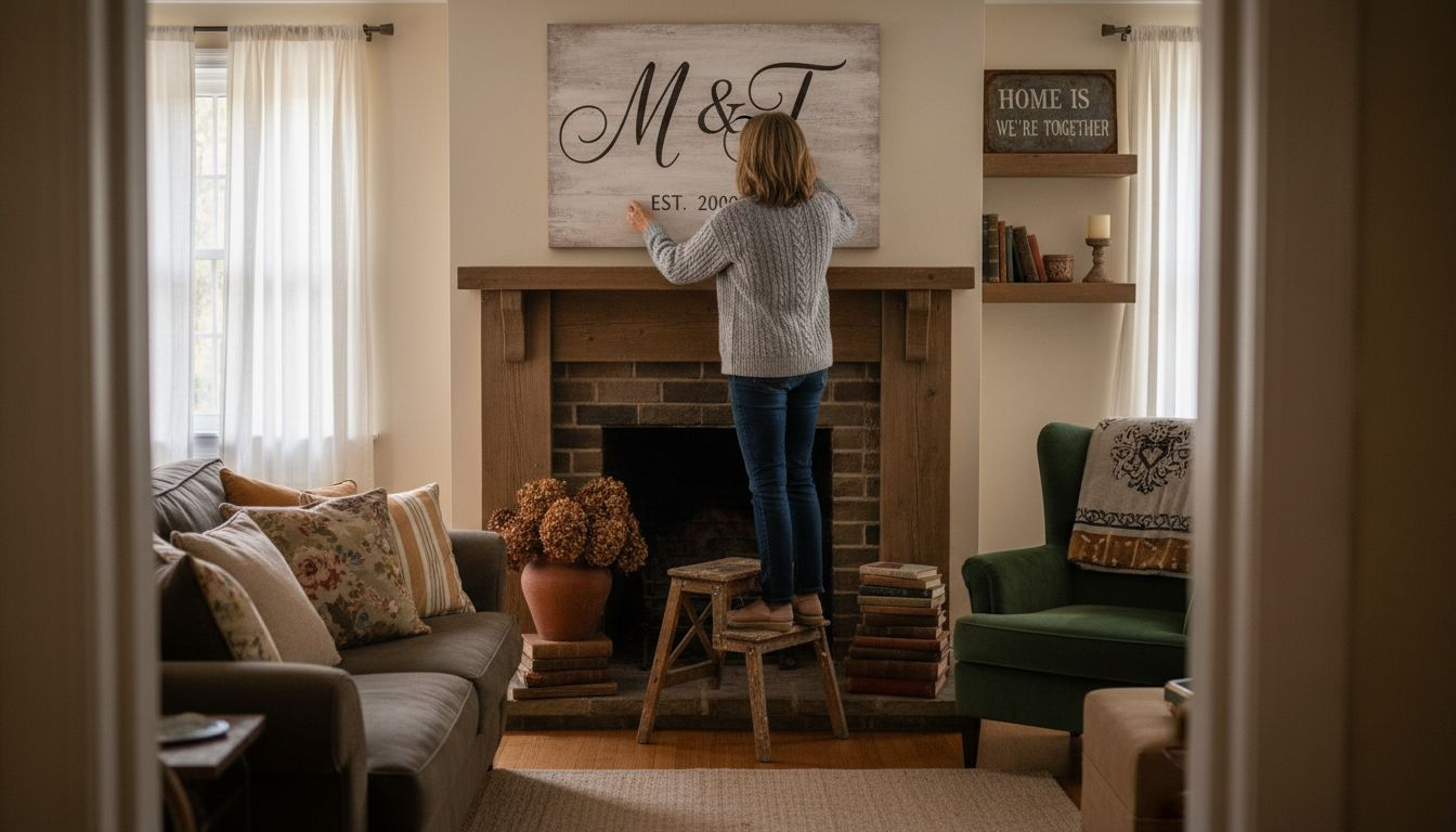 Woman arranging personalized decor on wall