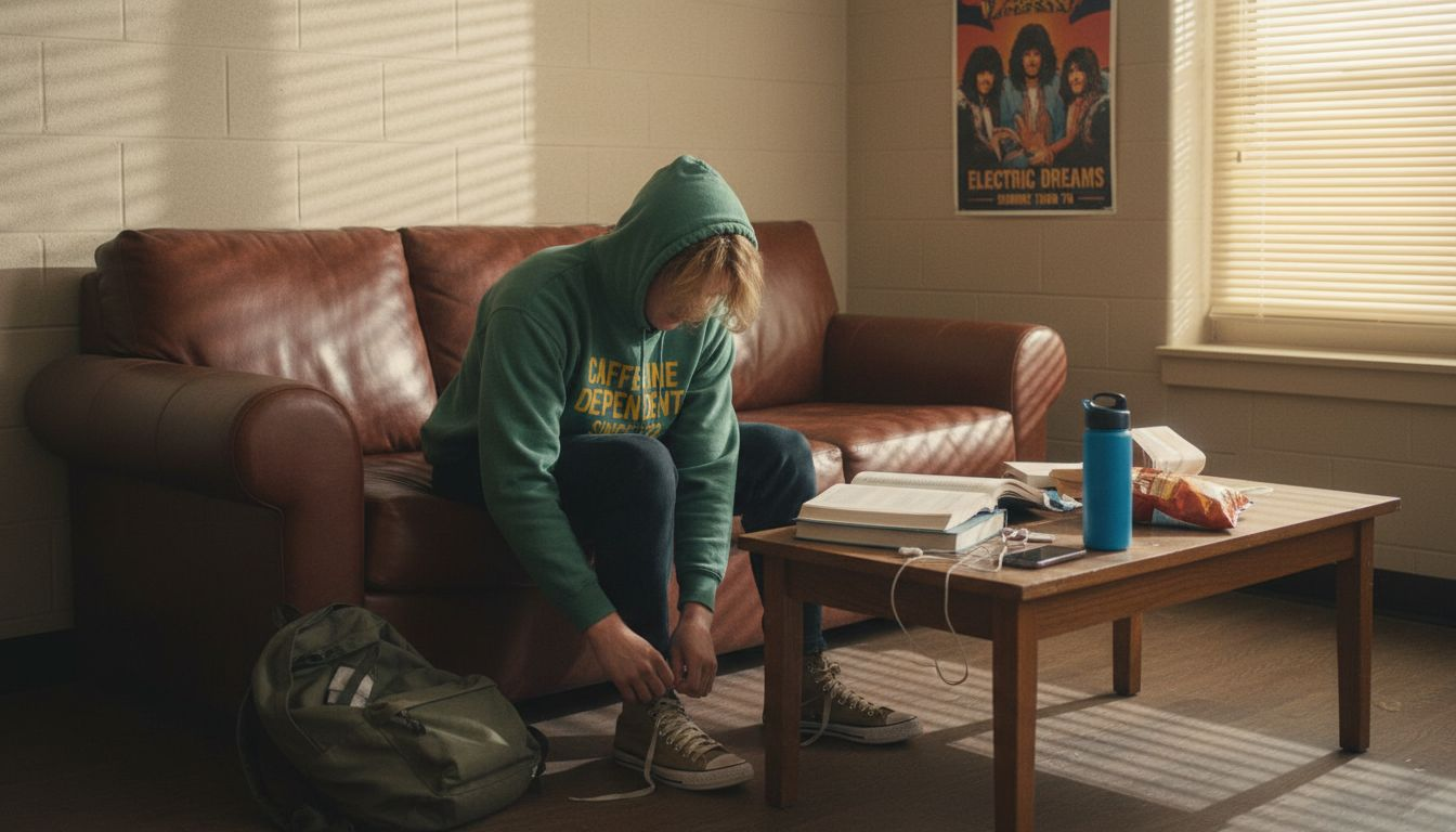 Student in graphic pullover hoodie