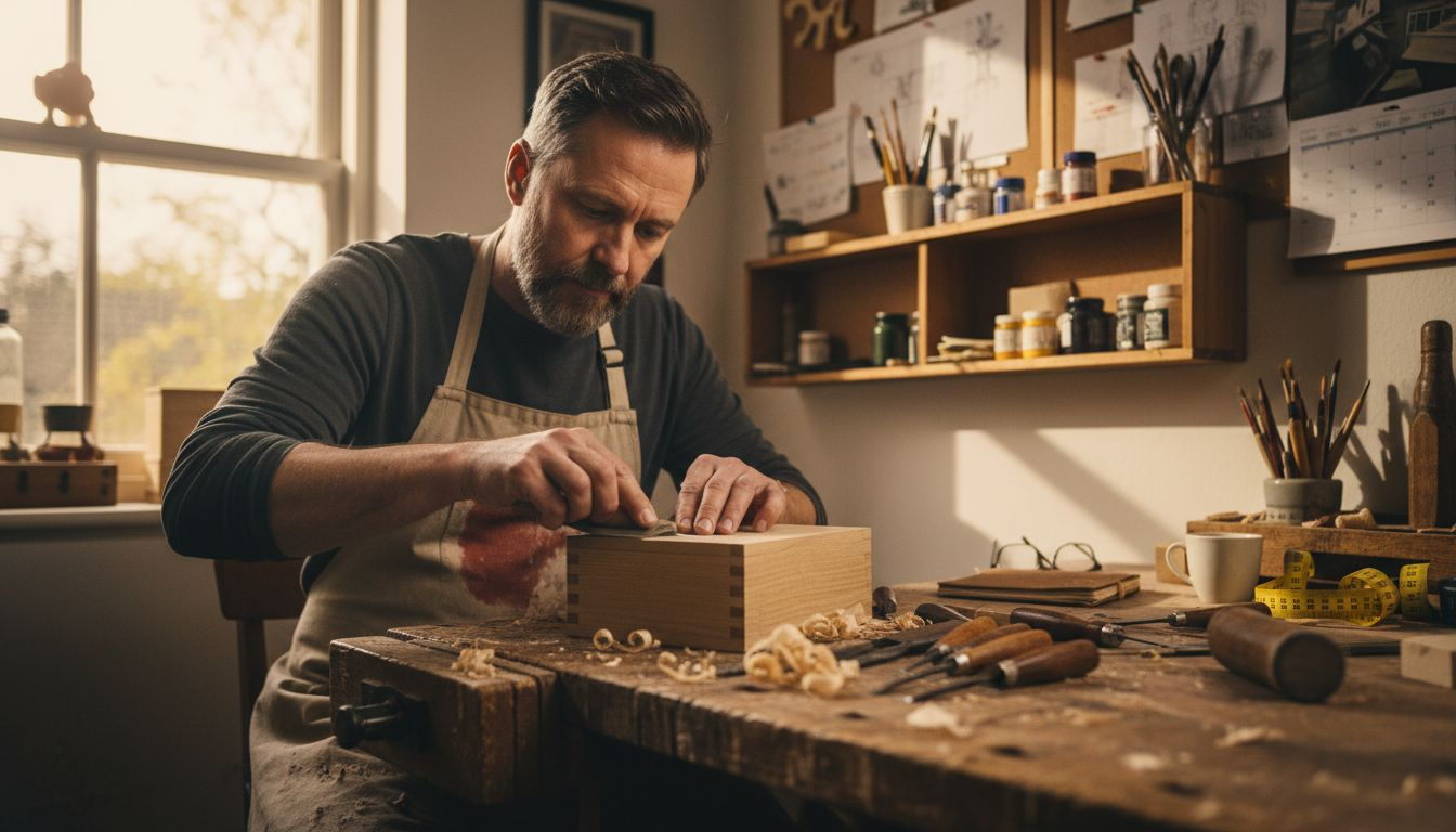 Artisan handcrafting wooden gift in studio
