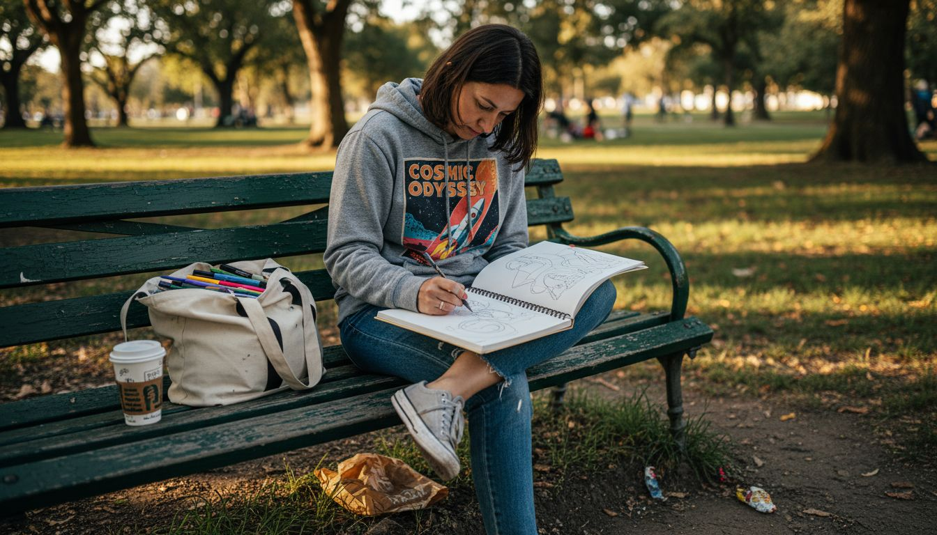 Woman sketching in graphic hoodie outdoors