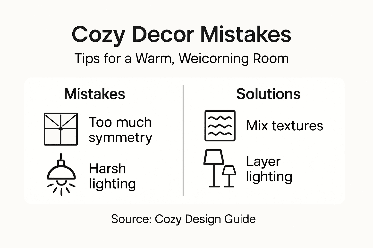 Infographic showing cozy decor mistakes and solutions