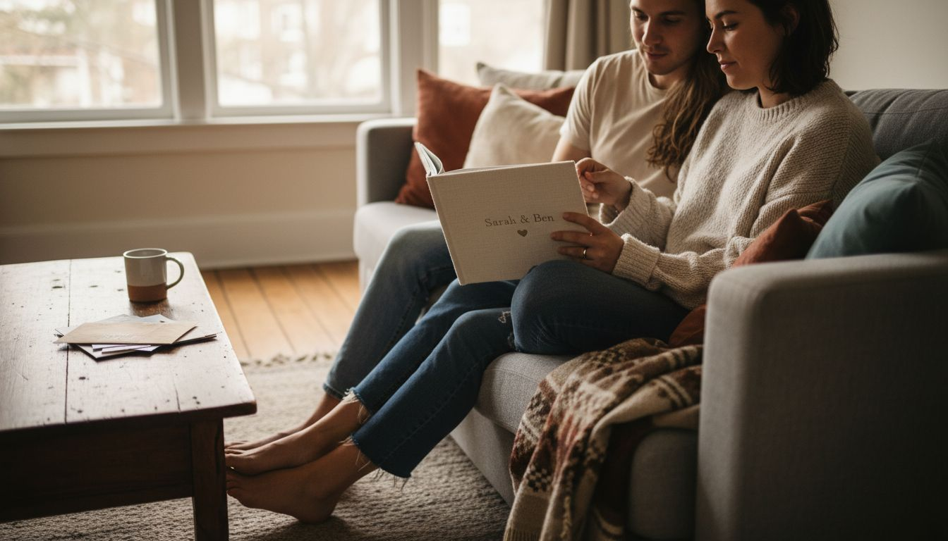 Couple viewing personalized photo album on sofa
