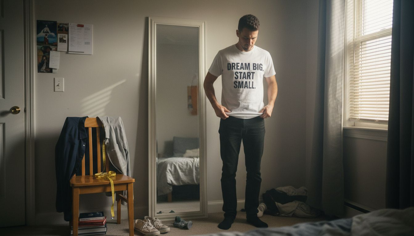 Man checking statement tee fit in mirror