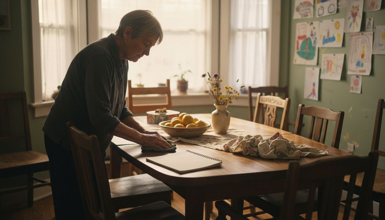 Woman polishing handmade table in dining room
