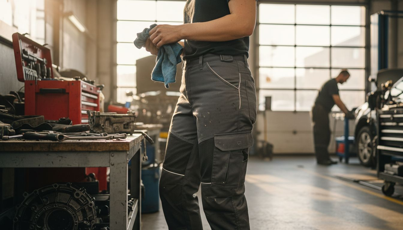 Mechanic woman showing breathable work pants feature
