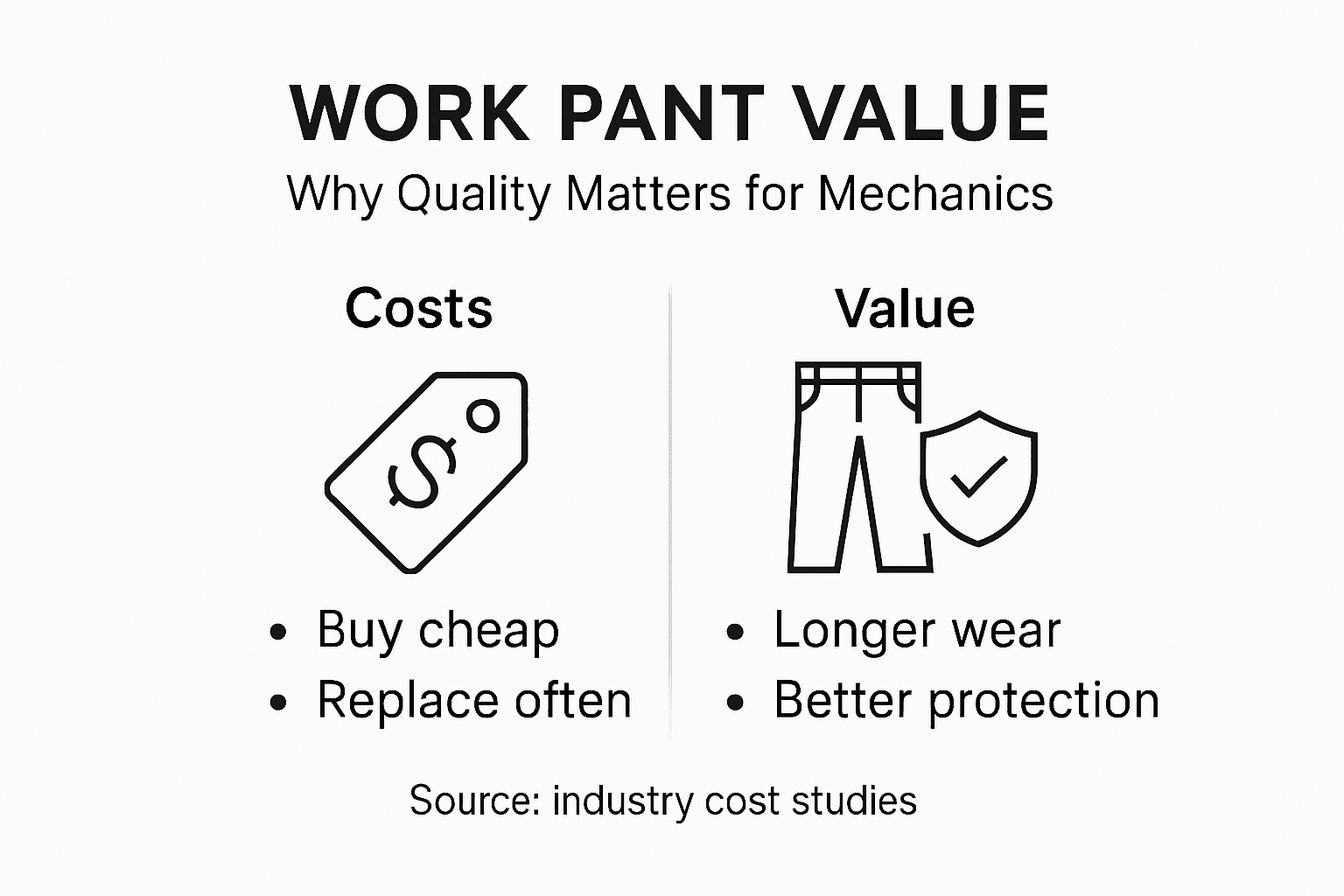 Infographic comparing cost and value for work pants