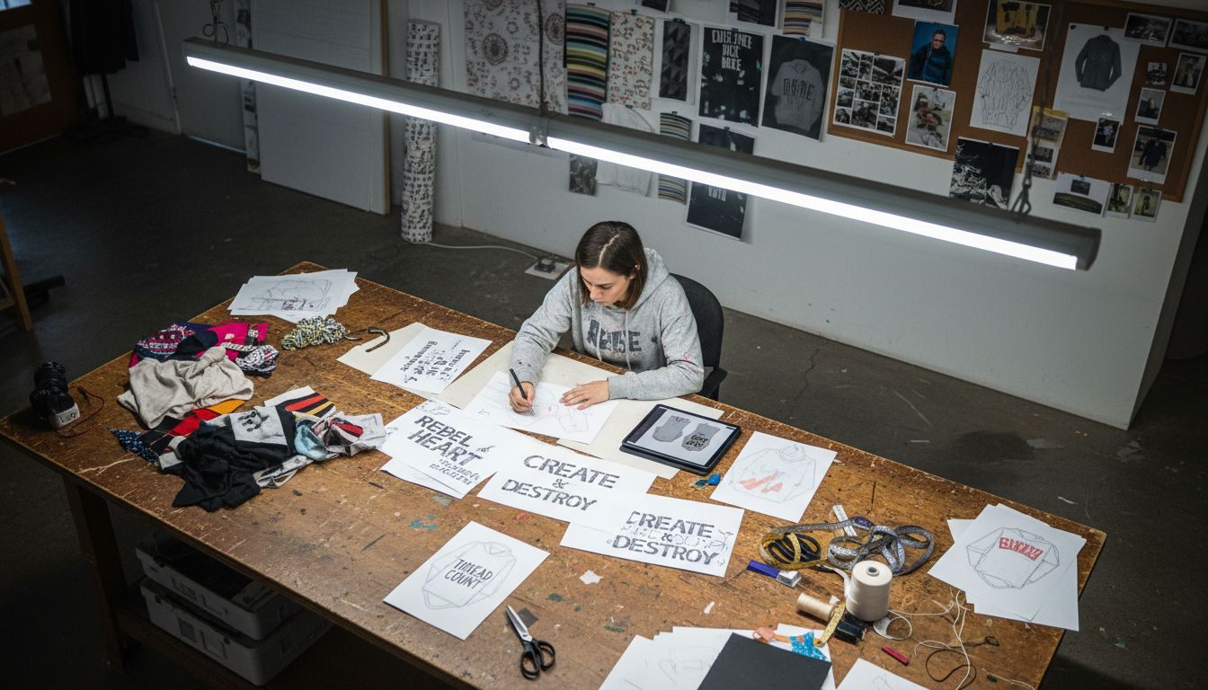 Designer sketching hoodie slogans in studio