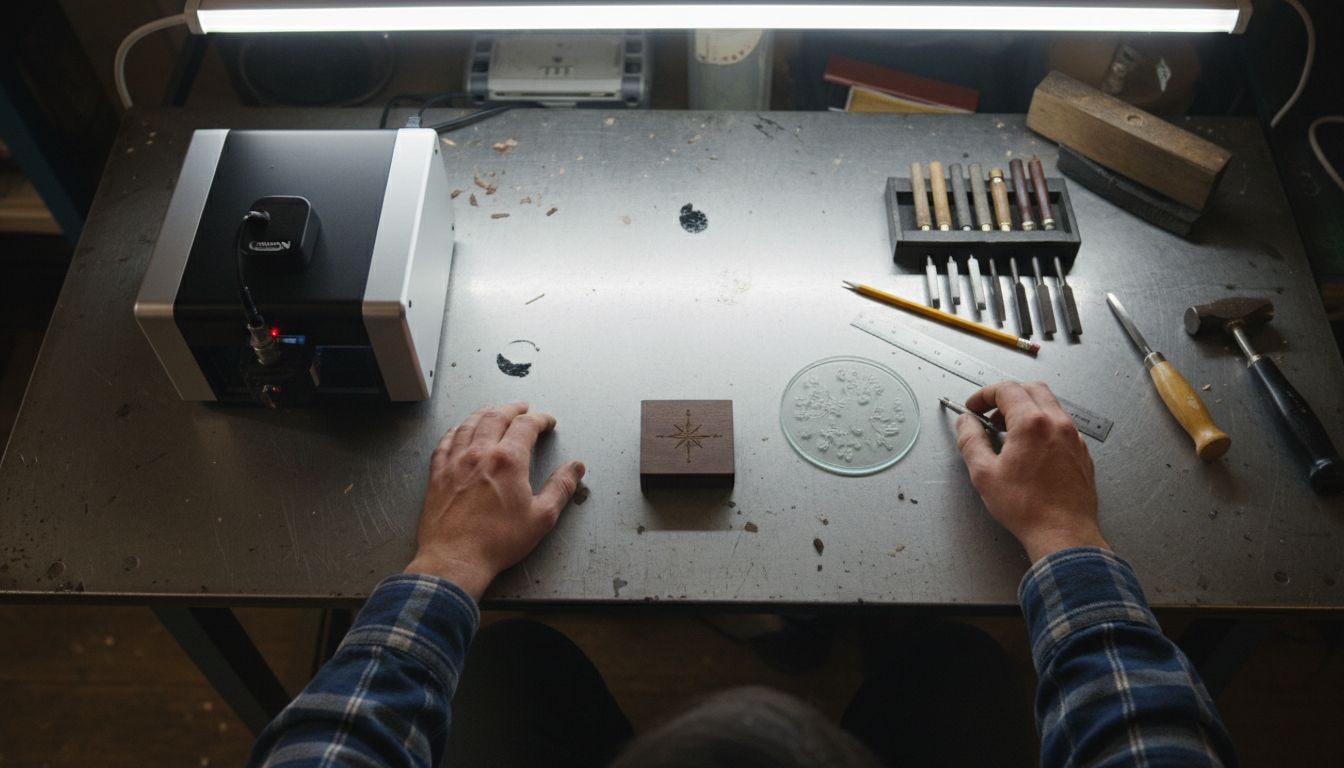 Various engraving tools and material samples