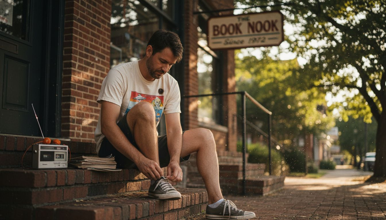 Man in vintage tee at old bookstore steps
