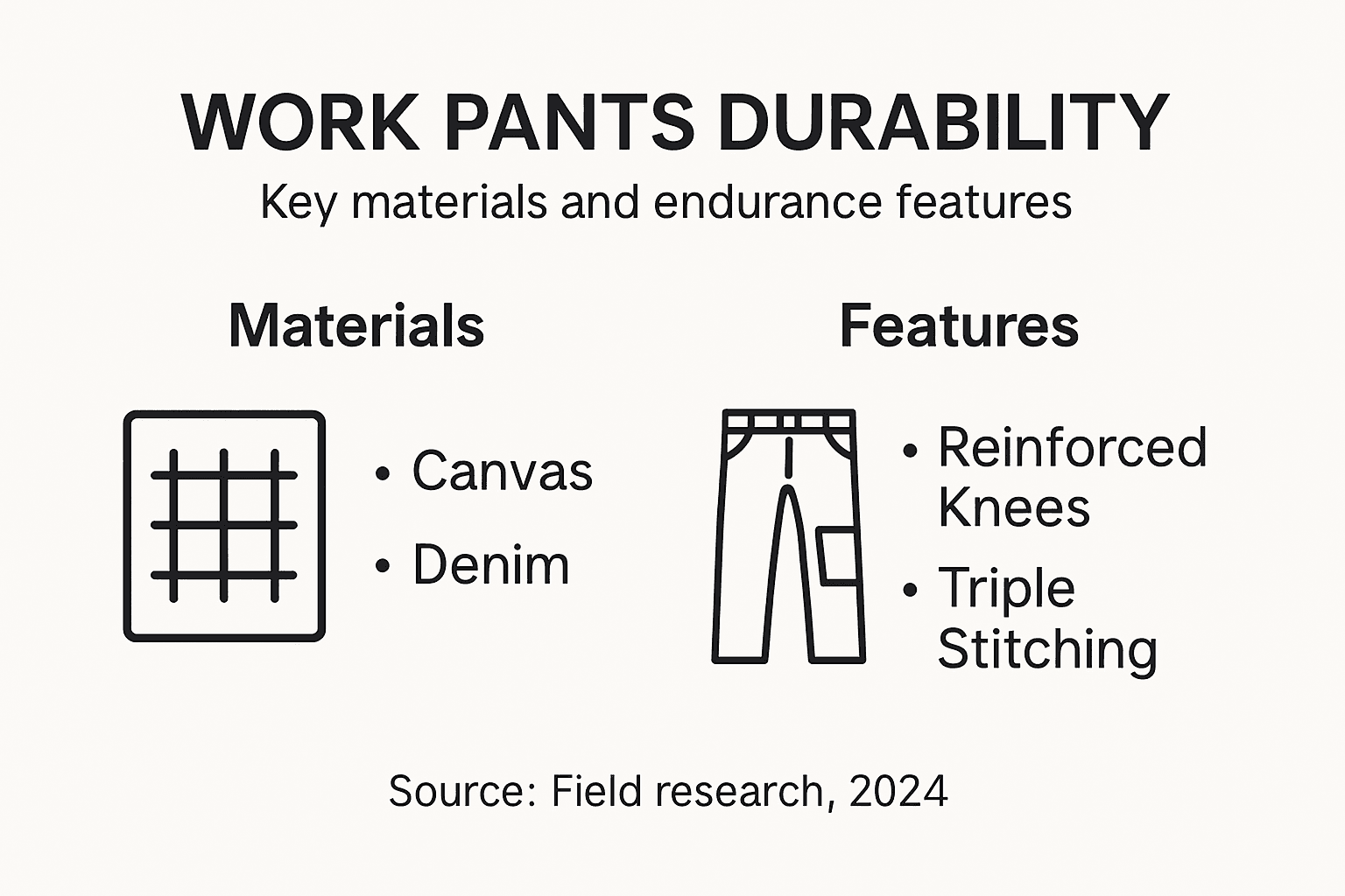 Infographic comparing materials and features in work pants