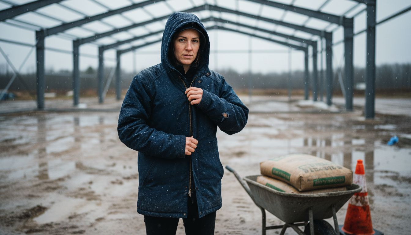 Worker zipping waterproof jacket in rain